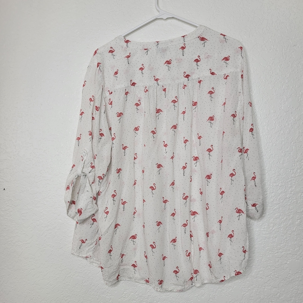 Torrid 2X White Flamingo Print Harper Challis Button Front 3/4 Sleeve Blouse - Picture 10 of 10